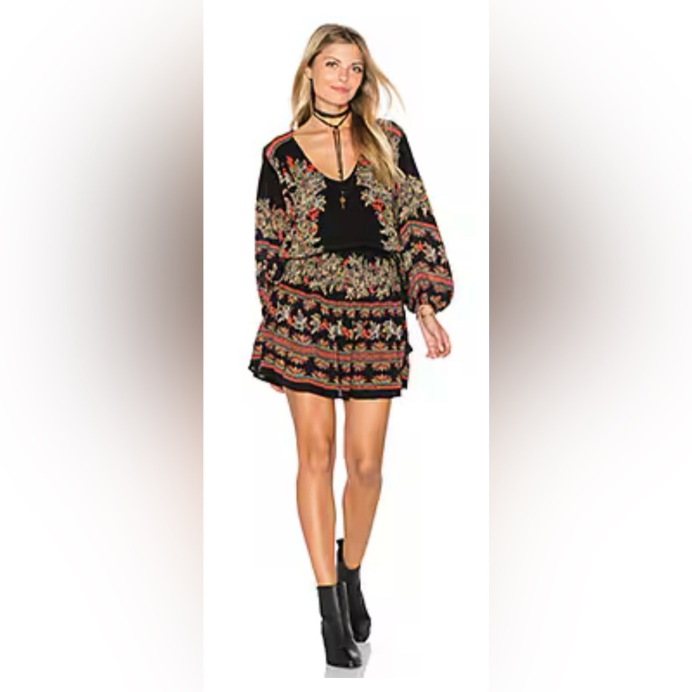 Free People Moonlight Drive Black Combo Mini Dress Size S/P Boho Tassels EUC